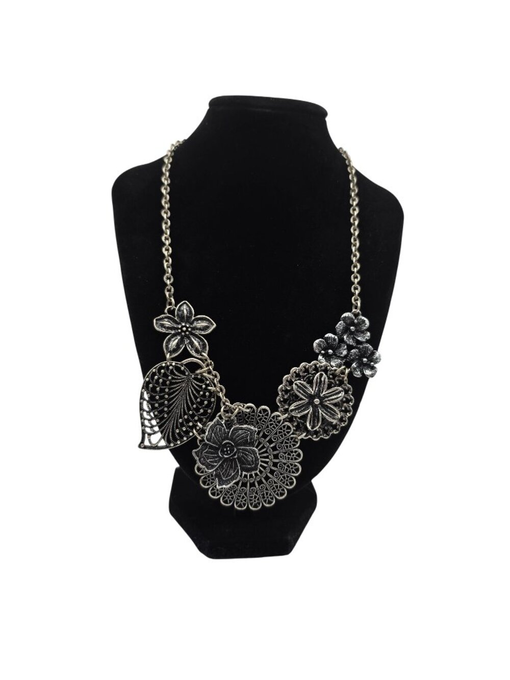 Silver Tone Floral Statement Bib Necklace Filigree Leaf Adjustable‎ Fashion